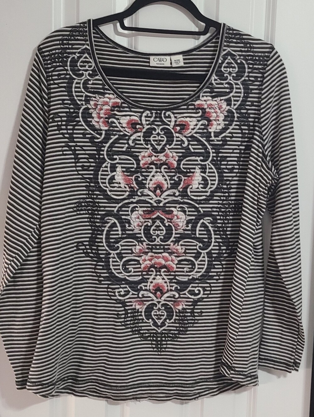 Cato Black & White Striped Long-Sleeve Top with Pink Floral Medallion
